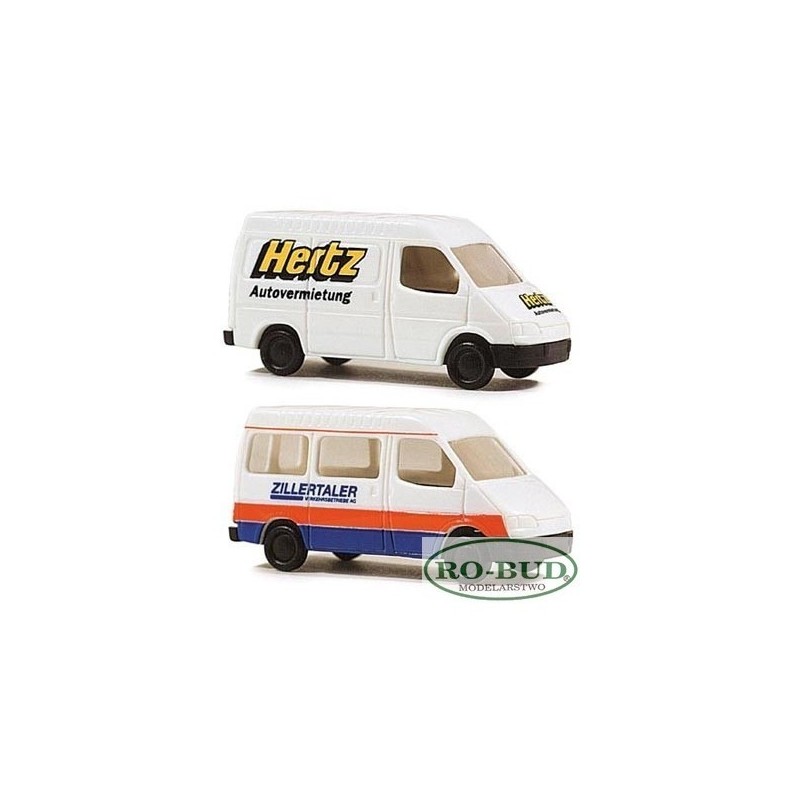 Model redukcyjny FORD Transit, skala 1:160, nieoznaczony producent. Biały z czerwono-niebieskimi oraz żółto-czarnymi detalami, m