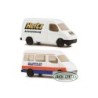 Model redukcyjny FORD Transit, skala 1:160, nieoznaczony producent. Biały z czerwono-niebieskimi oraz żółto-czarnymi detalami, m