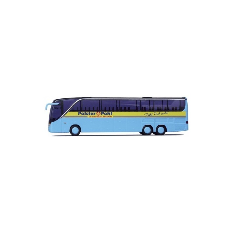 Model redukcyjny Setra S 417 HDH, skala 1:87, AWM. Jasnoniebieski z żółtym paskiem i napisem Polster + Pohl.