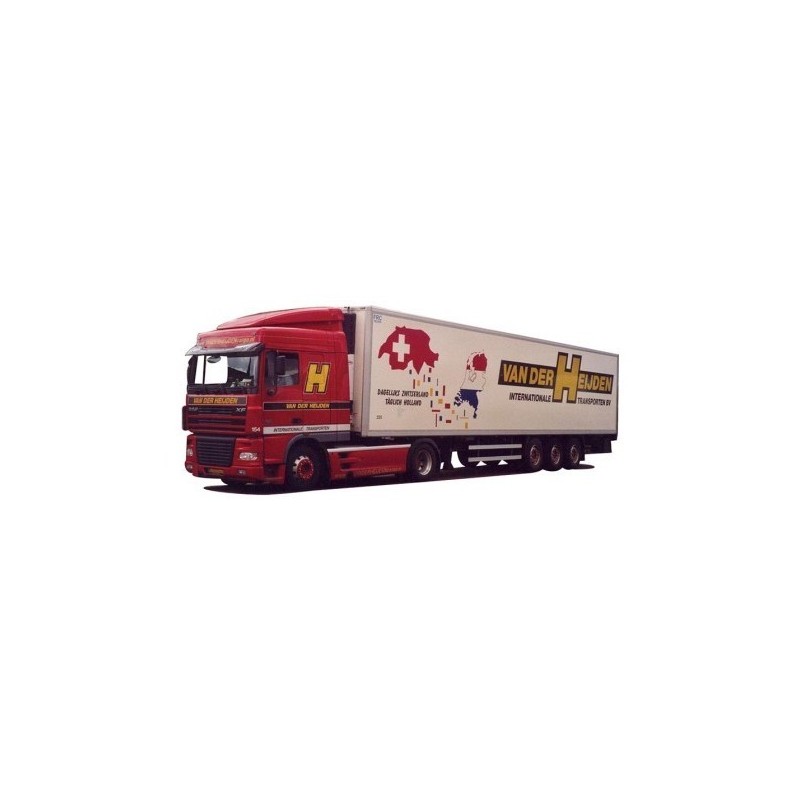Model DAF XF, skala 1:87, AWM. Czerwona ciężarówka z naczepą chłodnią, malowanie Van der Heijden.