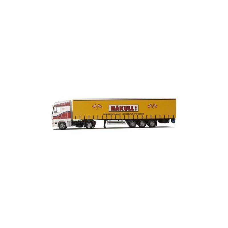 Model redukcyjny MB Actros, skala 1:87, G-KSZ. Żółta naczepa z napisem Hakull.