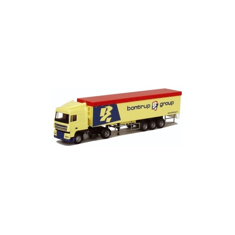 Model DAF XF 95, skala 1:87, Herpa. Żółty ciągnik siodłowy z naczepą, logo Bontrup Group.