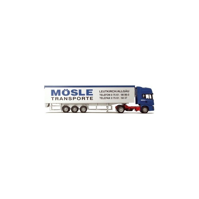 Model Scania "4" R, skala 1:87, Mösle. Niebieski ciągnik, biała naczepa z logotypem Mösle Transporte.