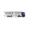 Model Scania "4" R, skala 1:87, Mösle. Niebieski ciągnik, biała naczepa z logotypem Mösle Transporte.