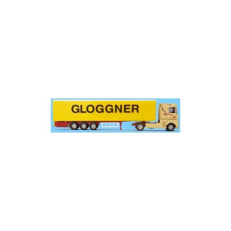 Model Renault Magnum, 1/87, KSZ "Gloggner", beżowa kabina, żółta naczepa z napisem GLOGGNER.