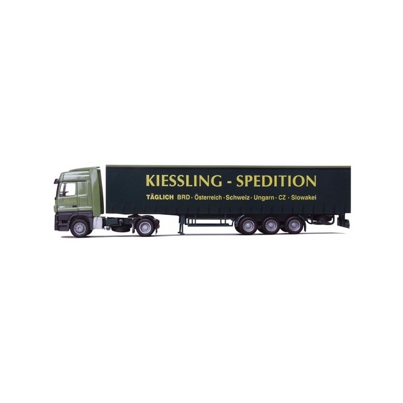 Model redukcyjny Mercedes-Benz Actros, skala 1:87, G-KSZ Kiessling, zielony, naczepa czarna z logotypem Kiessling Spedition.
