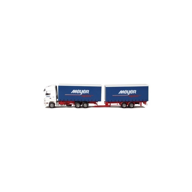 Model redukcyjny MB Actros MP2, skala 1:87, Herpa. Biały ciągnik z naczepą, malowanie Meyer Logistics.
