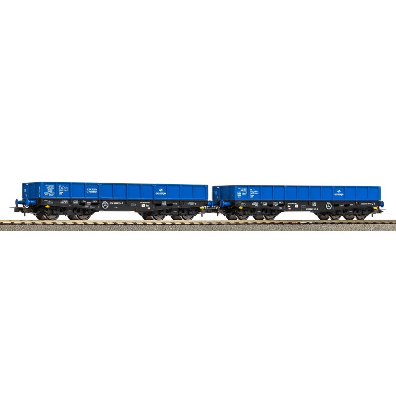 Zestaw 2 wagonów towarowych platformowych PIKO 28313, skala H0 1:87, niebieski.