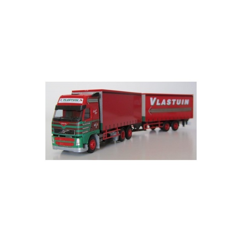 Model redukcyjny Volvo FH, skala 1:87, AWM. Zielono-czerwony, naczepa z logo Vlastuin.