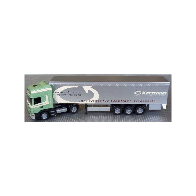 Model redukcyjny Scania "4" Kerschner, skala 1:87, zielony z szarą naczepą.