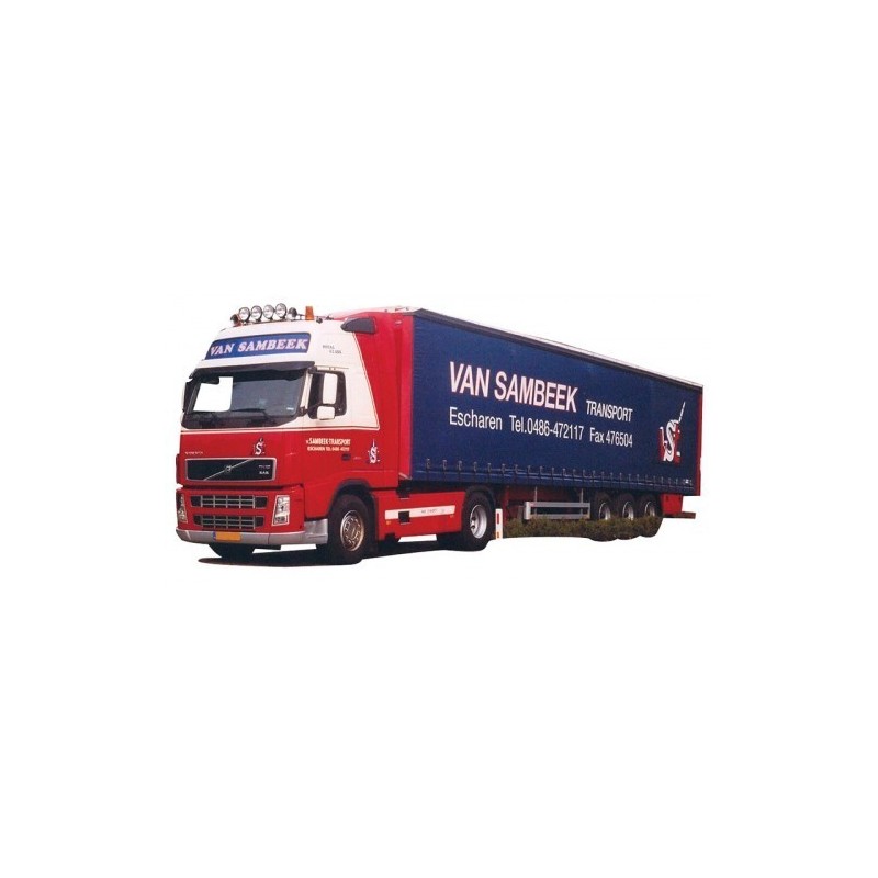 Model redukcyjny Volvo FH, skala 1:87, AWM. Czerwono-biały ciągnik siodłowy z naczepą Van Sambeek.