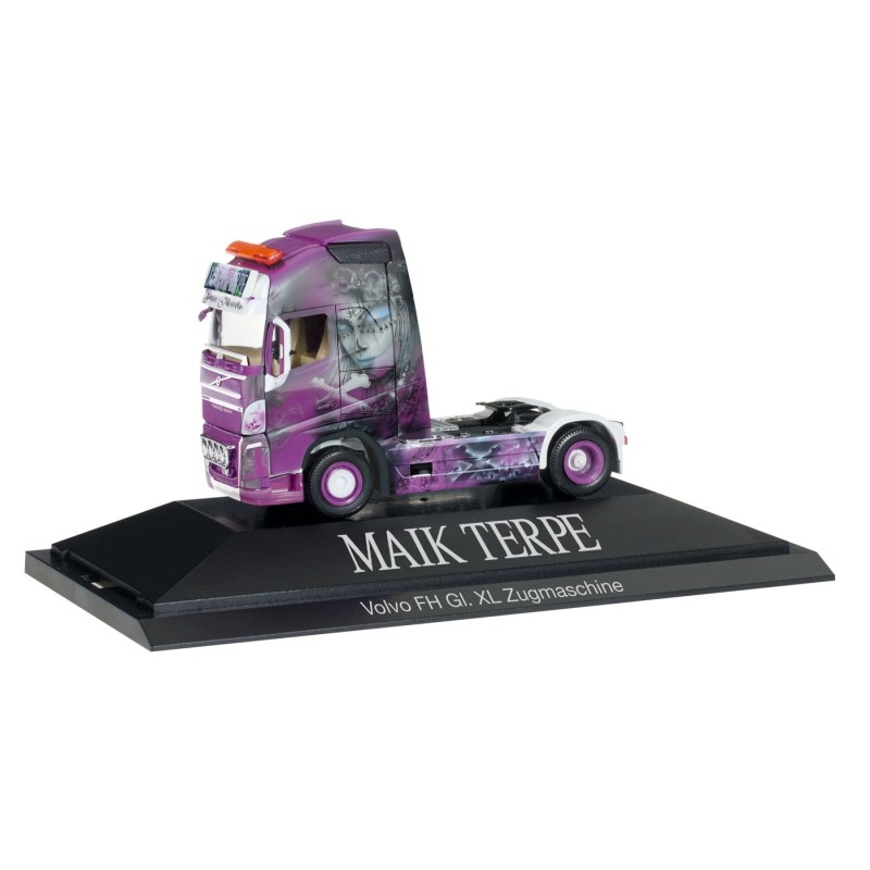 Model redukcyjny Volvo FH Gl. XL "Maik Terp", skala 1:87, Herpa. Czerwono-fioletowa ciężarówka z unikalnym malowaniem.