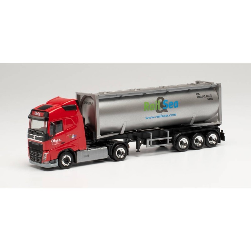 Model redukcyjny Volvo FH GL 30 "Obel", skala 1:87, Herpa. Czerwony ciągnik siodłowy z naczepą cysterną Rail Sea.