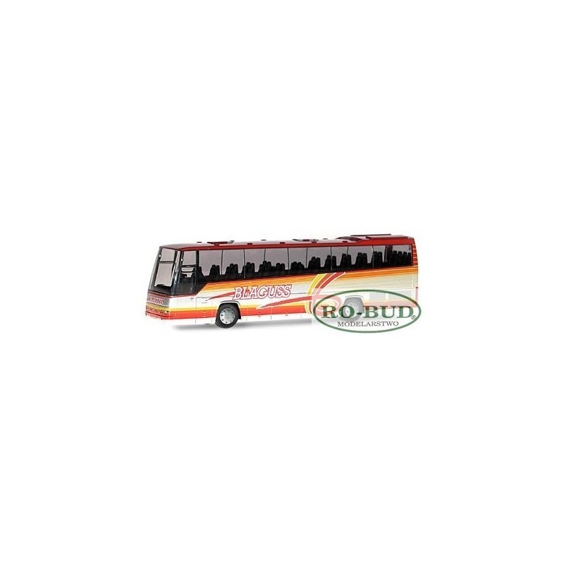 Model redukcyjny autobusu Volvo B12-600 Facelift Blaguss, skala 1:87. Czerwono-żółte malowanie.