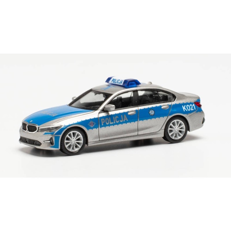Model redukcyjny BMW 3ER LIMOUSINE „POLIZEI POLSKA“, skala 1:87, Herpa. Srebrny z niebieskimi pasami policyjny samochód.