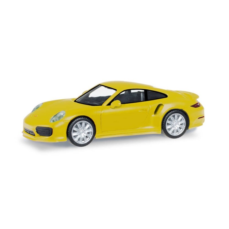 Model redukcyjny Porsche 911 Turbo, skala 1:87, Herpa. Żółty lakier, srebrne felgi.