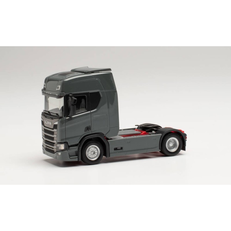 Model Scania CR HD, skala 1:87, Herpa. Ciemnoszary ciągnik siodłowy.