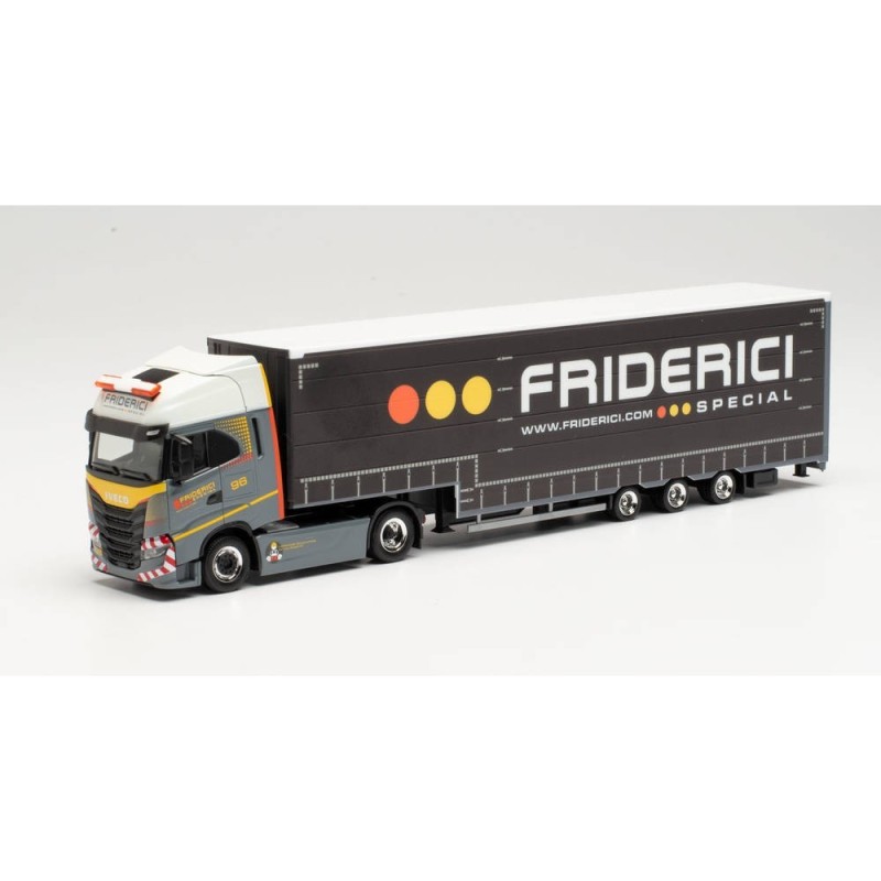 Model redukcyjny IVECO S-WAY "FRIDERICI", skala 1:87, Herpa. Szary, biały i żółty, naczepa czarna z logotypem Friderici.