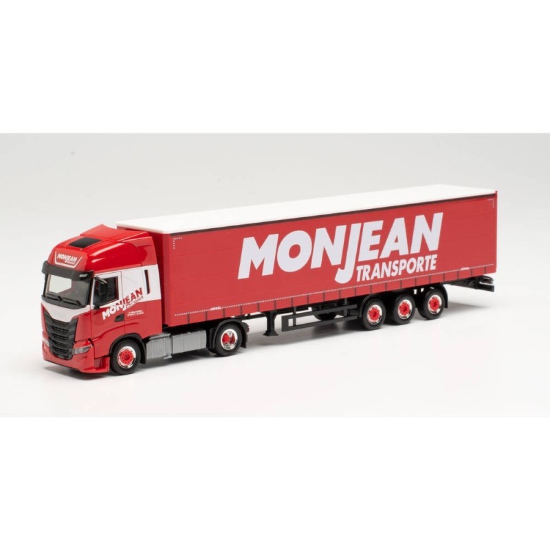 Model redukcyjny IVECO S-WAY „MONJEAN”, skala nieokreślona, Herpa. Czerwony ciągnik siodłowy z naczepą, logo MONJEAN TRANSPORTE.