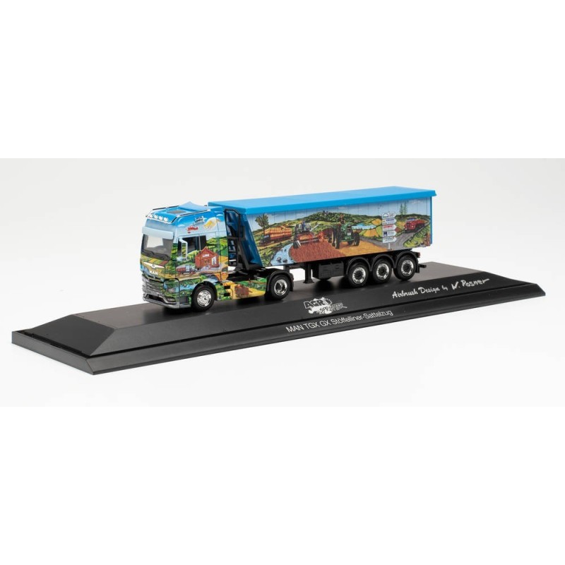 Model redukcyjny MAN TGX GX "AGROSPRINTER", skala 1:87, Herpa. Kolorowy, rolniczy mural na naczepie.