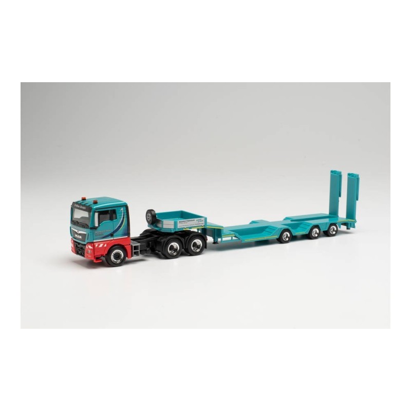 Model redukcyjny MAN TGX L 6X4, skala 1:87, Herpa. Ciężarówka z naczepą, kolor czerwono-turkusowy.