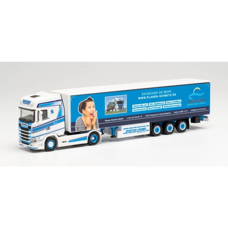Model redukcyjny Scania CS 20 HD, skala 1:87, Herpa. Biała i niebieska ciężarówka z naczepą "Spedition Höhner/Planen-Schmitz".
