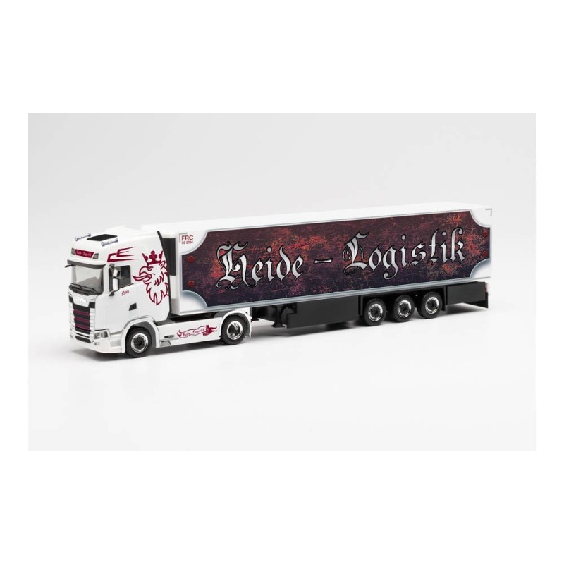 Model redukcyjny SCANIA CS 20 HD, skala 1:87, Herpa. Biały z czerwonymi detalami i naczepą z napisem "Heide Logistik".