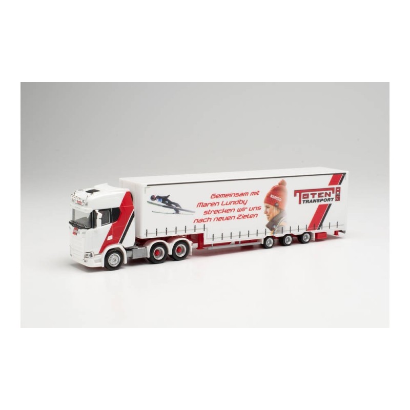 Model redukcyjny SCANIA CS 20 HD 6X4 "TOTEN TRANSPORT/MAREN LUNDBY" w skali 1:87, Herpa, z naczepą w czerwono-białych barwach.