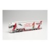 Model redukcyjny SCANIA CS 20 HD 6X4 "TOTEN TRANSPORT/MAREN LUNDBY" w skali 1:87, Herpa, z naczepą w czerwono-białych barwach.
