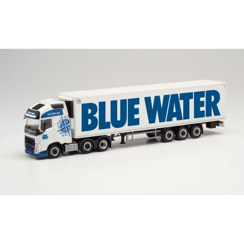 Model redukcyjny Volvo FH GL. XL 2020 6×2 "Blue Water" skala 1:87, Herpa. Biały ciągnik z niebieskim logo i naczepą z napisem "B