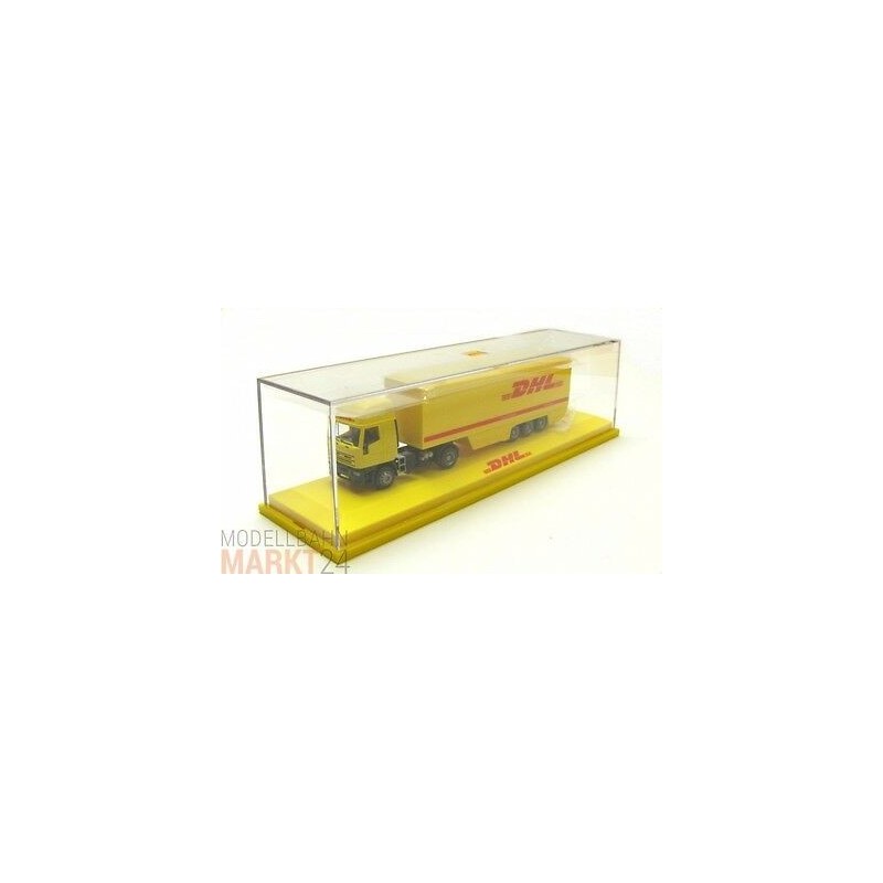 Model redukcyjny IVECO EuroStar, skala 1:87, RIETZE. Żółty ciągnik siodłowy DHL - Deutsche Post.