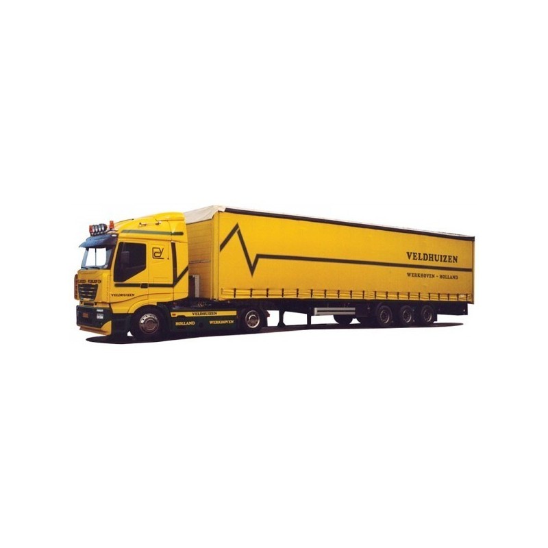 Model redukcyjny Iveco Stralis, skala 1:87, AWM. Żółty ciągnik siodłowy z naczepą, logo Veldhuizen.