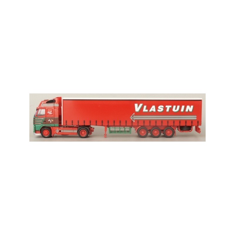 Model redukcyjny Volvo "NEU" XL / Aerop. - G-KSZ, skala 1:87, AWM. Czerwony ciągnik siodłowy z naczepą, logo Vlastuin.