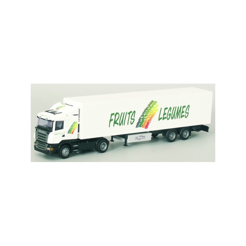 Model Scania "R" / Aerop. - Kühl-KSZ, AWM, skala 1:87, biały, z naczepą chłodnią oznaczona "FRUITS LEGUMES".
