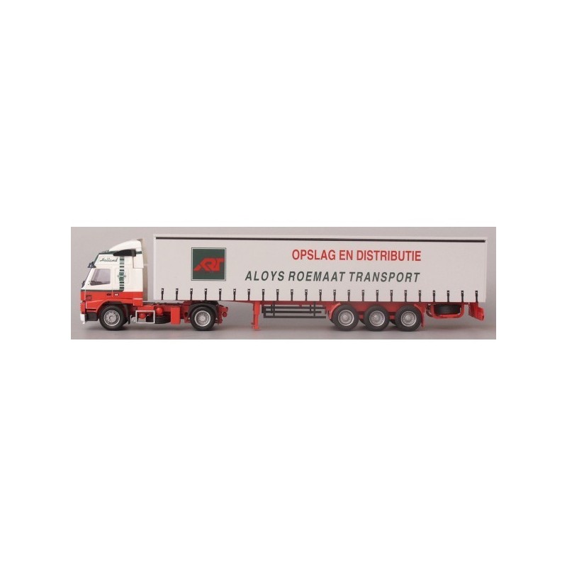 Model redukcyjny Volvo FM Glob. / Aerop. - G-KSZ, skala 1:87, AWM. Czerwony i biały, z naczepą w barwach Aloys Roemaat Transport