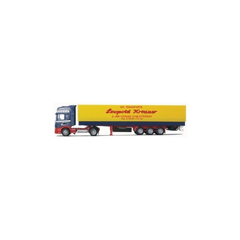 Model Scania "R" z naczepą, skala 1:87, AWM54161. Czerwono-żółty, z logotypem "Leopold Kreuzer".
