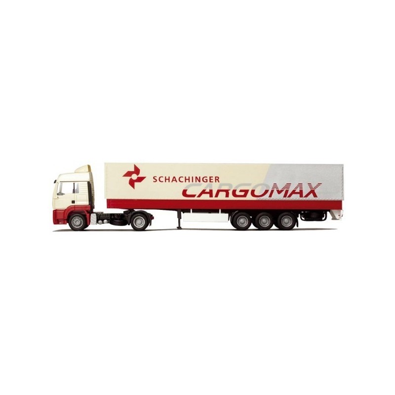 Model redukcyjny MAN TG-A LX, skala 1:87, AWM. Czerwono-biały kontener z logotypem Schachinger Cargomax.