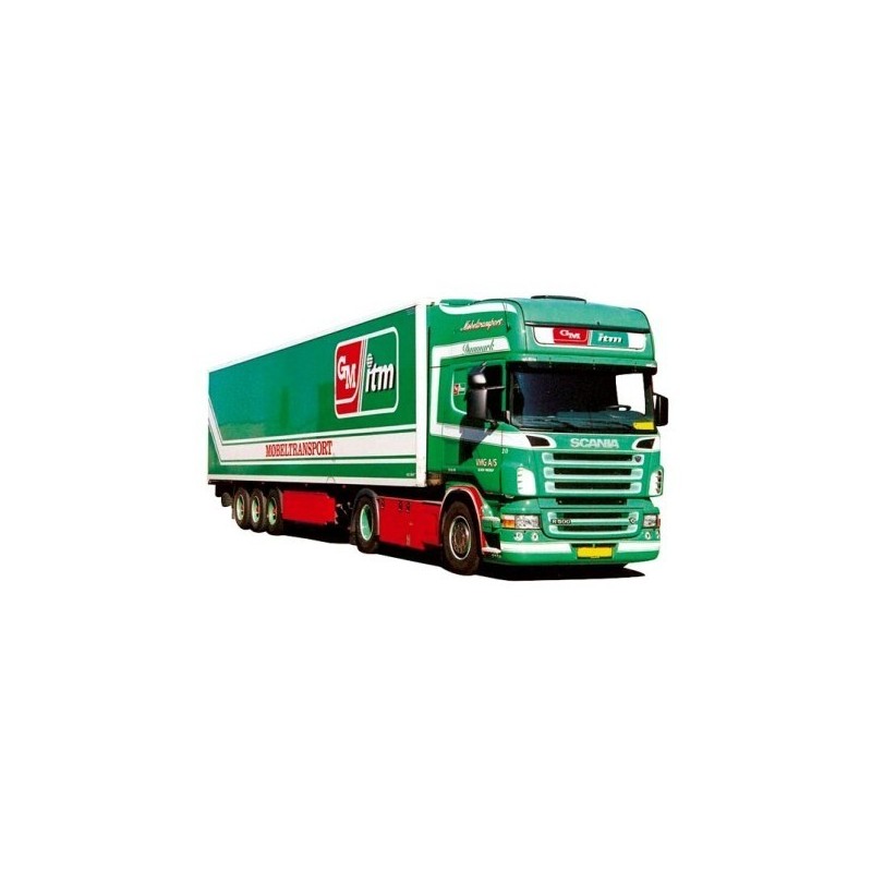 Model redukcyjny Scania "R" Topl./Aerop. - KSZ, skala 1:87, AWM. Zielony ciągnik siodłowy z naczepą, logo "Grimm".