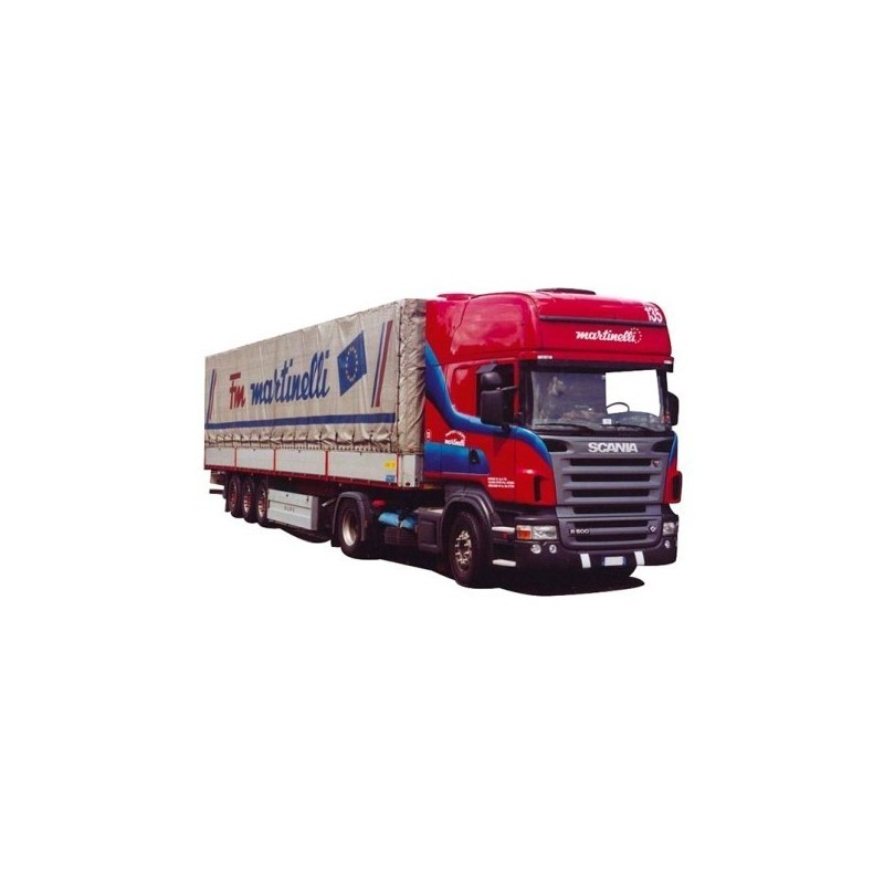 Model Scania R, skala 1:87, AWM. Czerwony, z naczepą białą "TVM Martinelli".