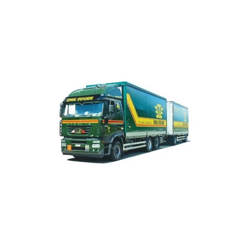 Model Iveco Stralis G-KHZ, skala 1:87, AWM. Zielony z żółtymi akcentami, logo Emil Egger.