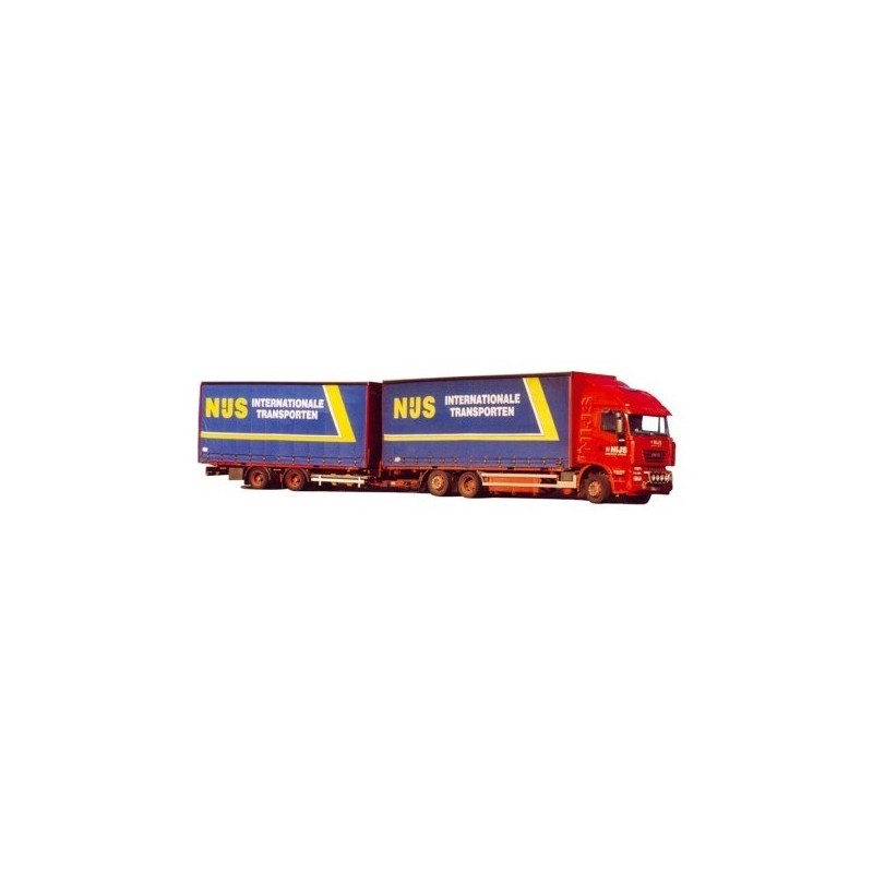 Model Iveco Stralis, skala 1:87, AWM. Czerwono-niebieski, z naczepą NUS Internationale Transporten.