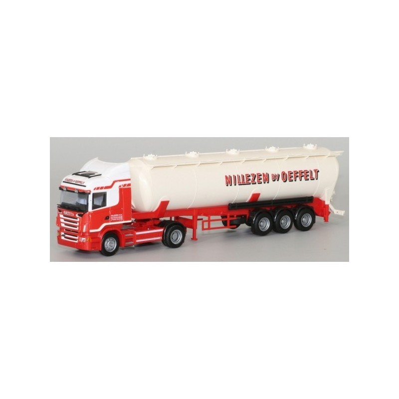 Model redukcyjny Scania "R" High/Aerop. - Kippsilo-SZ, skala 1:87, AWM. Czerwono-biały, cysterna Nillezen by Deffelt.