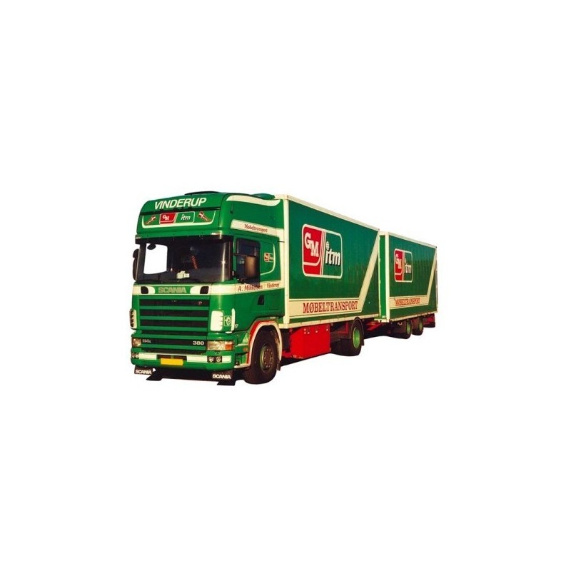 Model redukcyjny Scania "4" R Topl. - KTaHZ, AWM, skala nieokreślona. Zielony ciągnik siodłowy z naczepą, logo GM fjm.