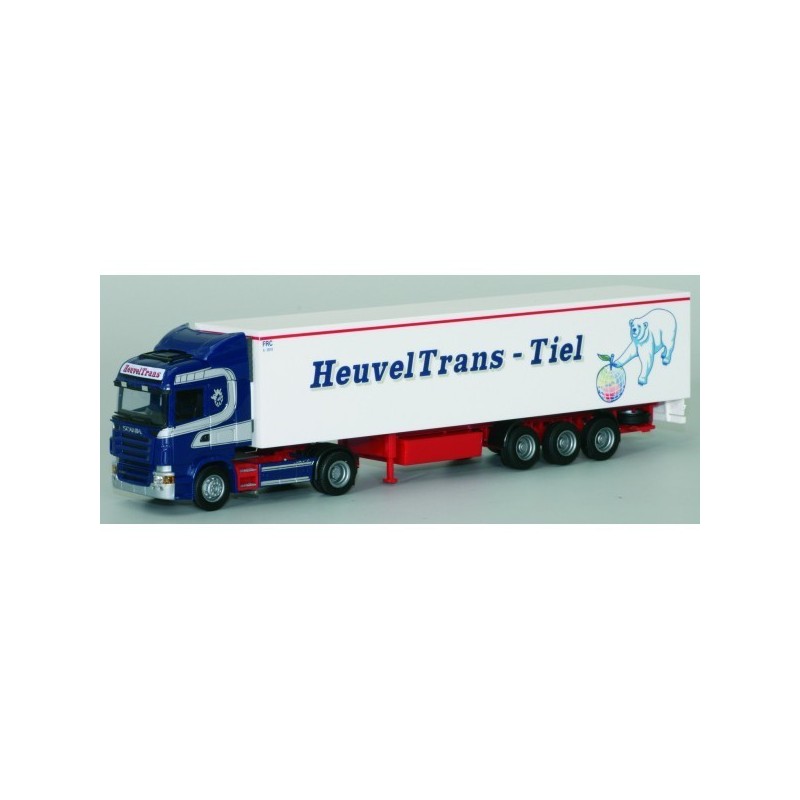 Model Scania "R" High./Aerop. - Kühl-KSZ, AWM, 1:87, niebieska kabina, biała naczepa z napisem HeuvelTrans - Tiel.