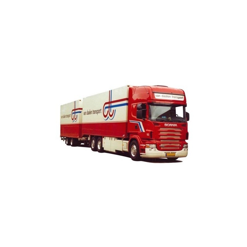 Model redukcyjny Scania "R" Topl. - KTaHZ, skala nieznana, producent nieznany. Czerwono-biały, z naczepą, logo "van daalen trans