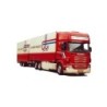 Model redukcyjny Scania "R" Topl. - KTaHZ, skala nieznana, producent nieznany. Czerwono-biały, z naczepą, logo "van daalen trans