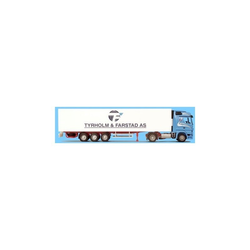 Model redukcyjny Mercedes-Benz Actros MP2, skala 1:87, AWM, chłodnia, logo firmy Tyrholm & Farstad AS.