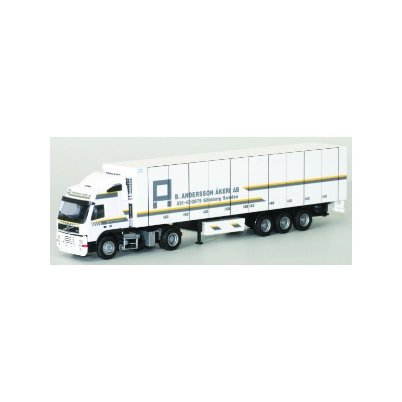 Model redukcyjny Volvo FM Glob. / Aerop. - Kühl-KSZ, skala 1:87, AWM. Biały samochód ciężarowy z naczepą chłodnią, logo B. Ander