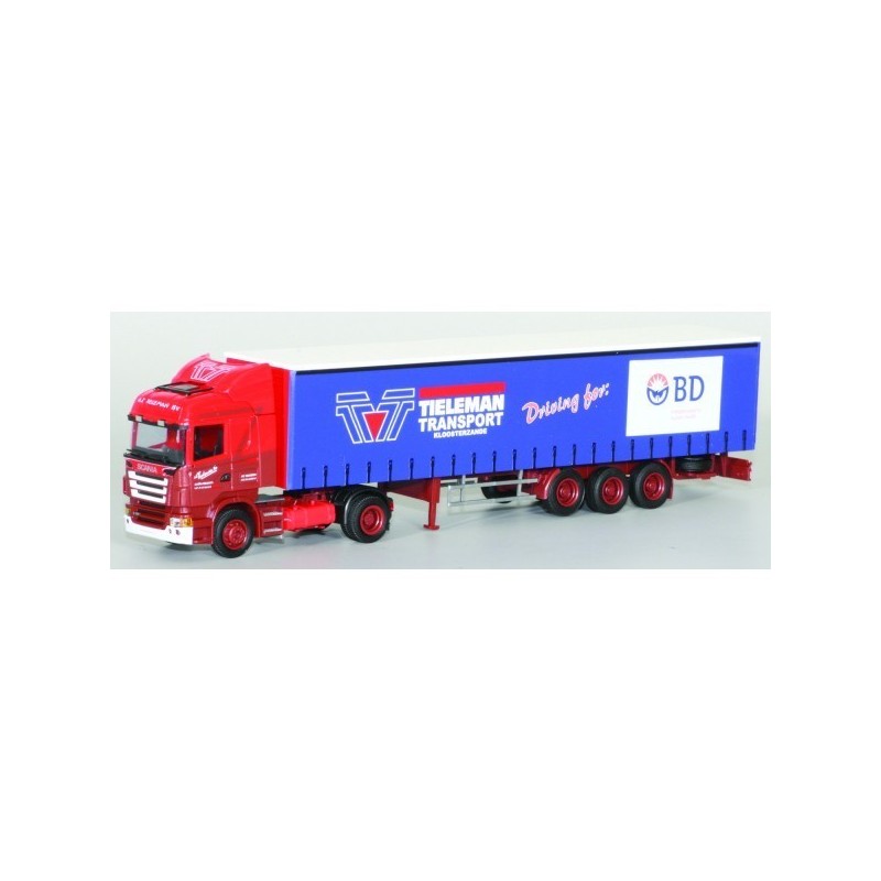 Model redukcyjny Scania "R" High/Aerop. G-KSZ, skala 1:87, AWM. Czerwony ciągnik siodłowy z niebieską naczepą, loga "Tieleman Tr