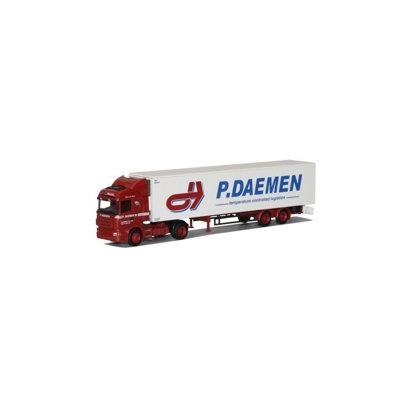 Model Scania z naczepą chłodnią P.Daemen, skala 1:87, AWM. Czerwono-biała.
